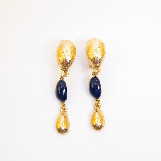 Yves Saint Laurent Vintage Blue and Golden Dangling Clip-on Earrings