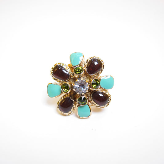 Chanel Vintage Flower Motif with Multi Color Stone Golden Ring #11