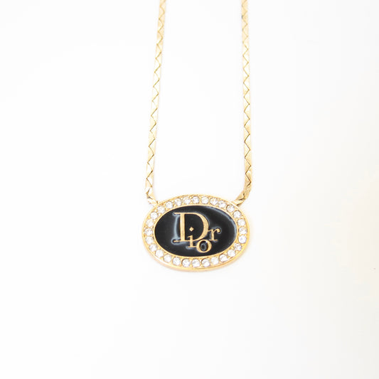 Christian Dior Vintage Dior Logo on Oval Shape Black and Rhinestone Golden Necklace