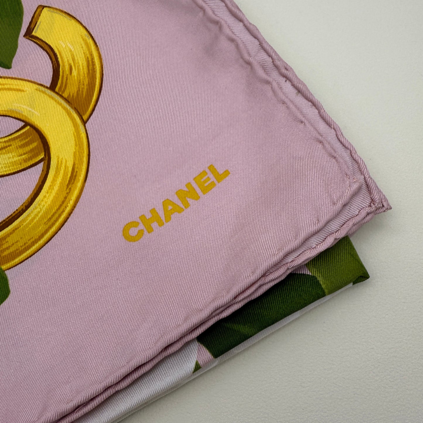 Chanel Vintage CC Logo White Camellia and Pink Color Silk Scarf