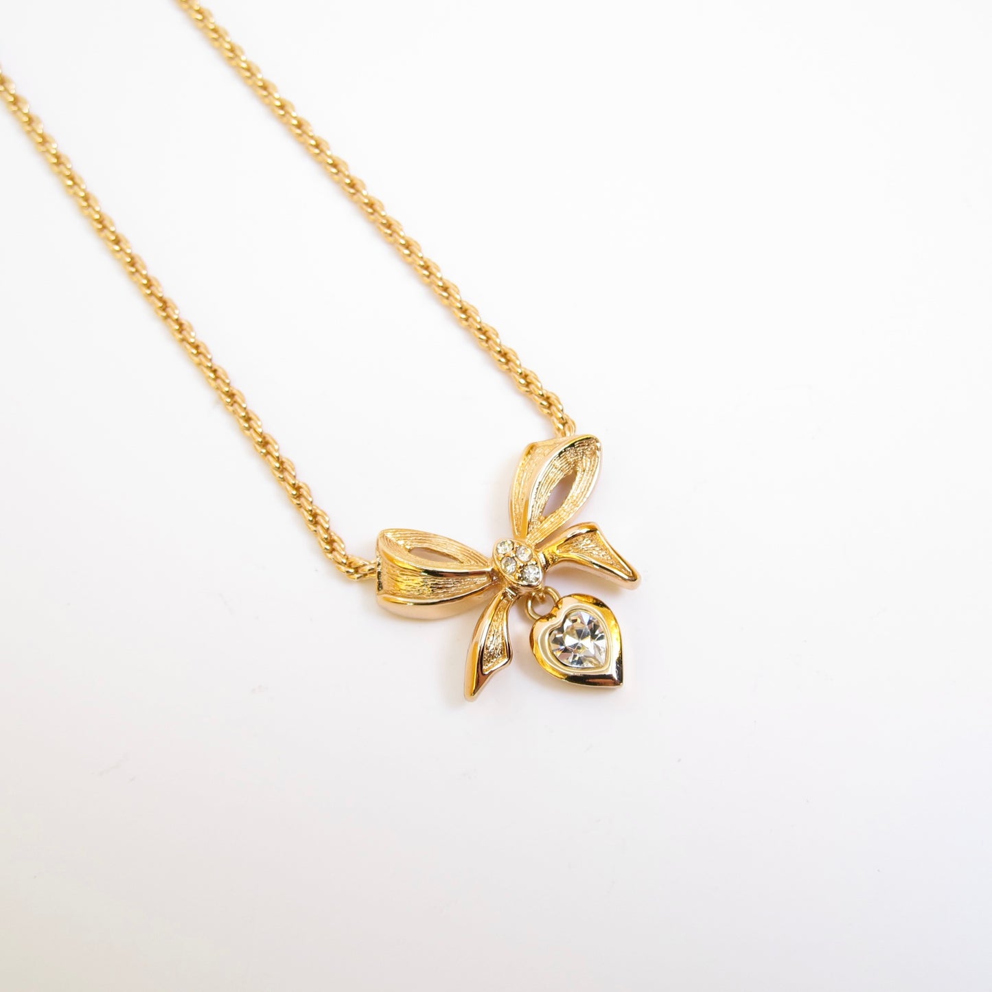 Christian Dior Vintage Ribbon and Heart with Rhinestone Golden Necklace