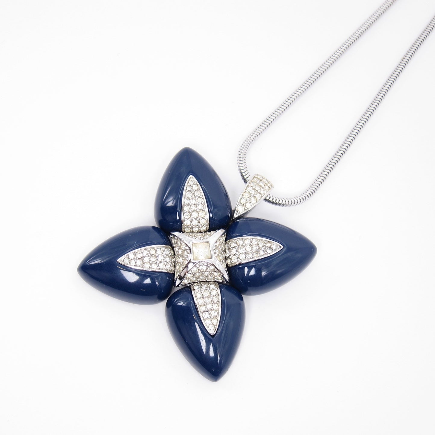 Givenchy Vintage Geometric Navy and Rhinestone Flower Pendant Silver Necklace