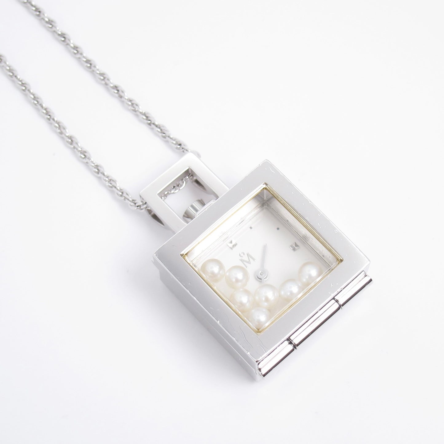 Mikimoto Vintage Square White Face Silver Pendant Watch with Pearl Box and Necklace