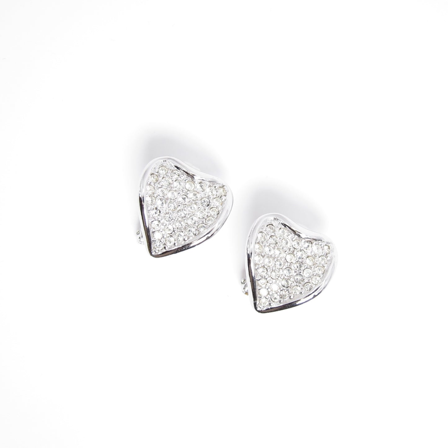Christian Dior Vintage Heart-shaped with Rhinestone Silver Clip-on Earrings