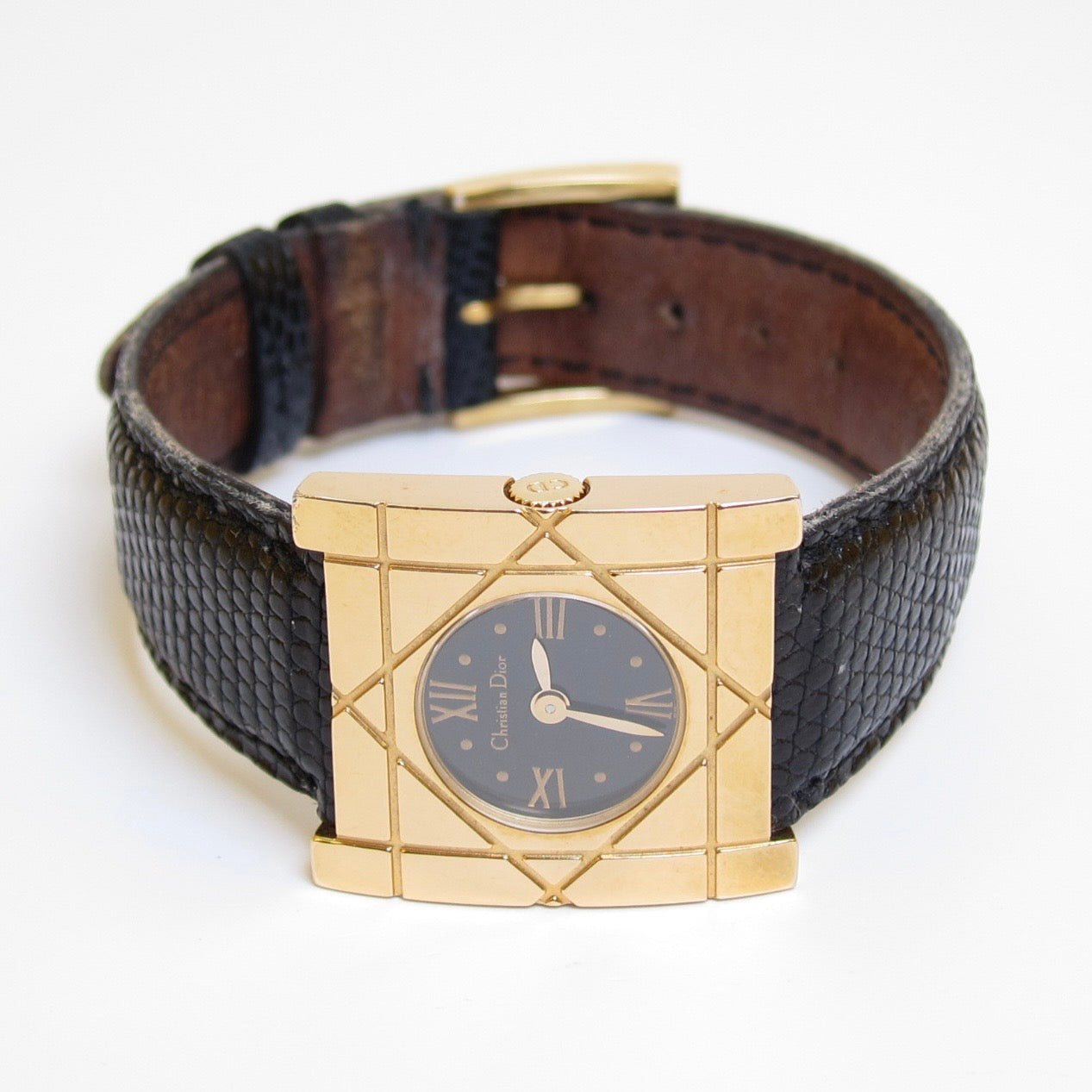 Christian Dior Vintage Cannage Square Black Face with Leather Strap Golden Watch