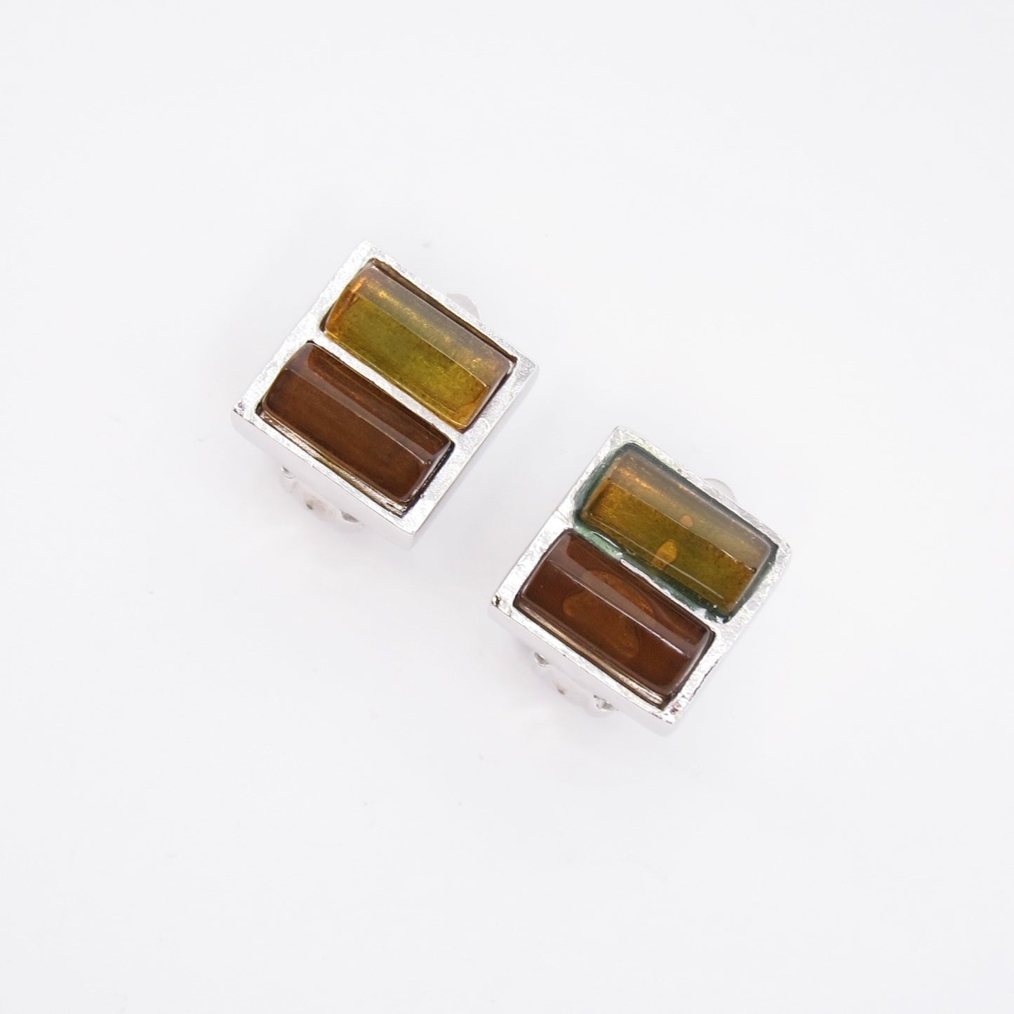 Givenchy Vintage Square Two Tone Color Stone Silver Clip-on Earrings