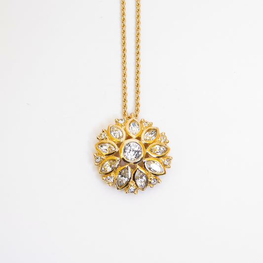Christian Dior Vintage Flower Motif with Rhinestone Golden Necklace
