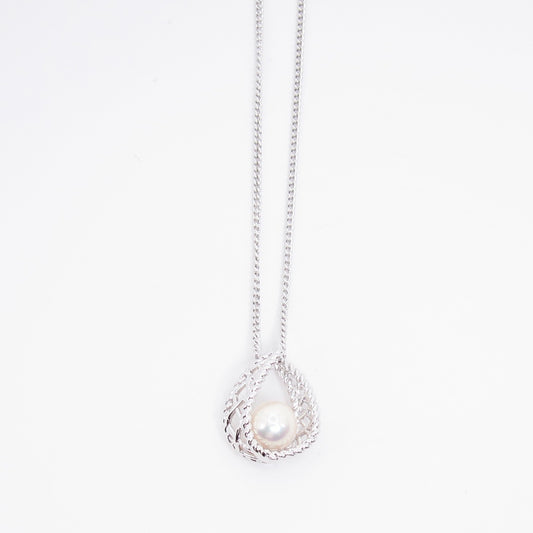 Tasaki Vintage Akoya Pearl Teardrop Twist Pendant Silver Necklace