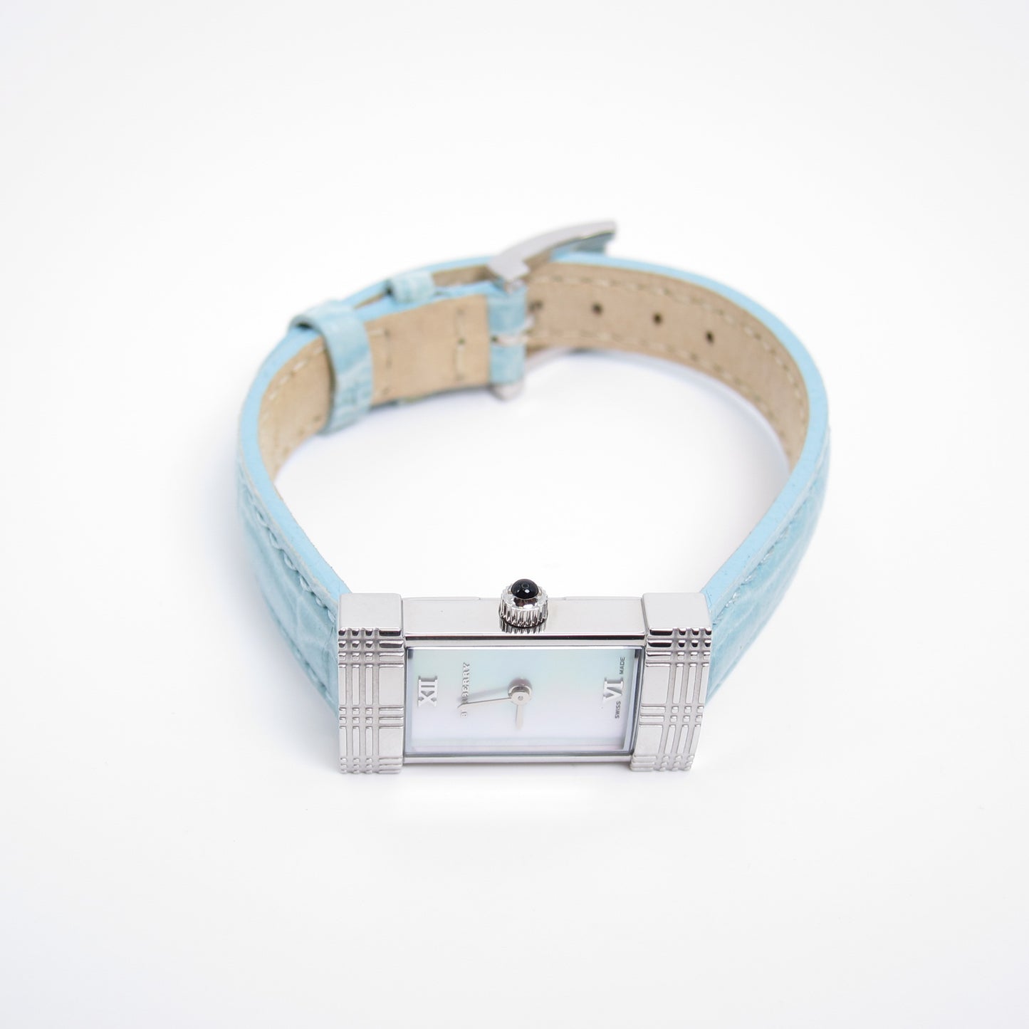 Burberry Vintage Rectangle Shell Pearl Face with Blue Leather Strap Watch