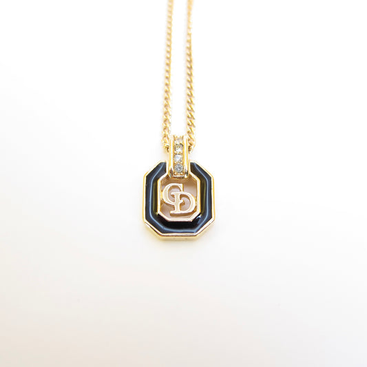 Christian Dior Vintage CD Logo in Octagon Black and Rhinestone Golden Necklace