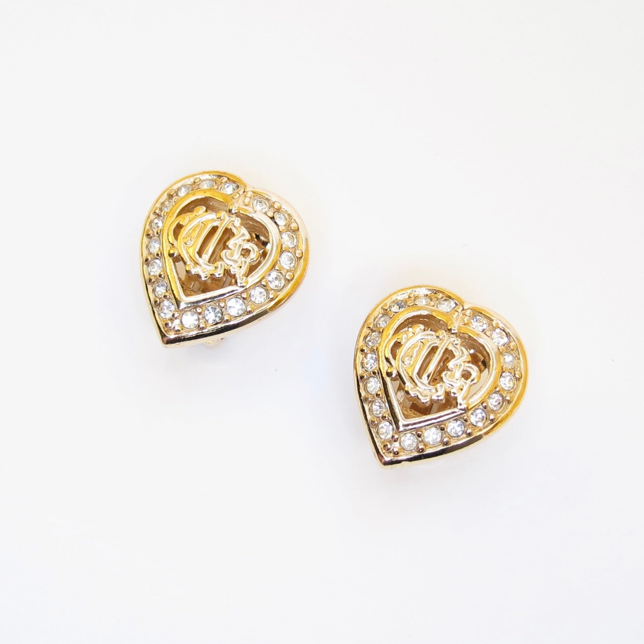 Christian Dior Vintage Dior Logo in Heart with Rhinestone Golden Clip-on Earrings