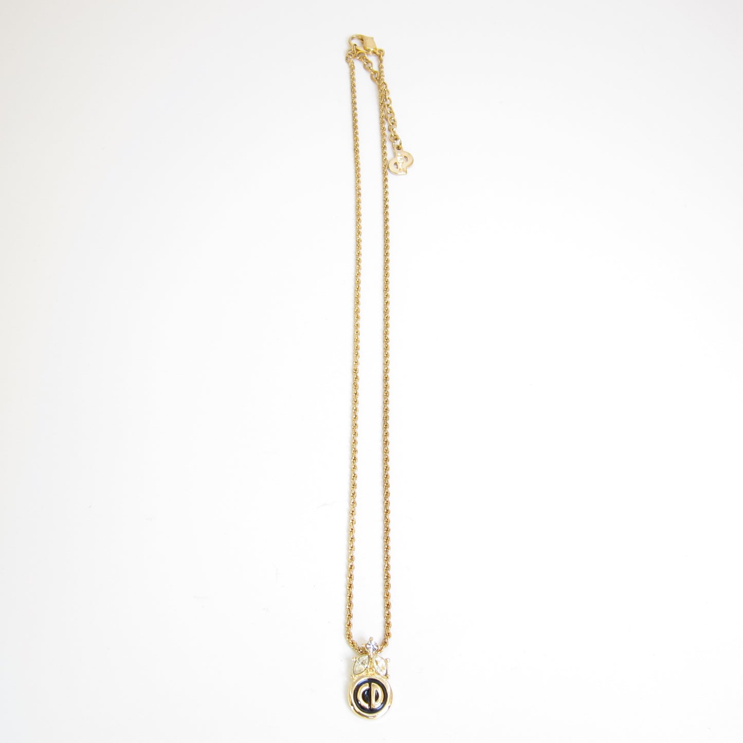 Christian Dior Vintage CD Logo in Black Circle and Rhinestone Golden Necklace