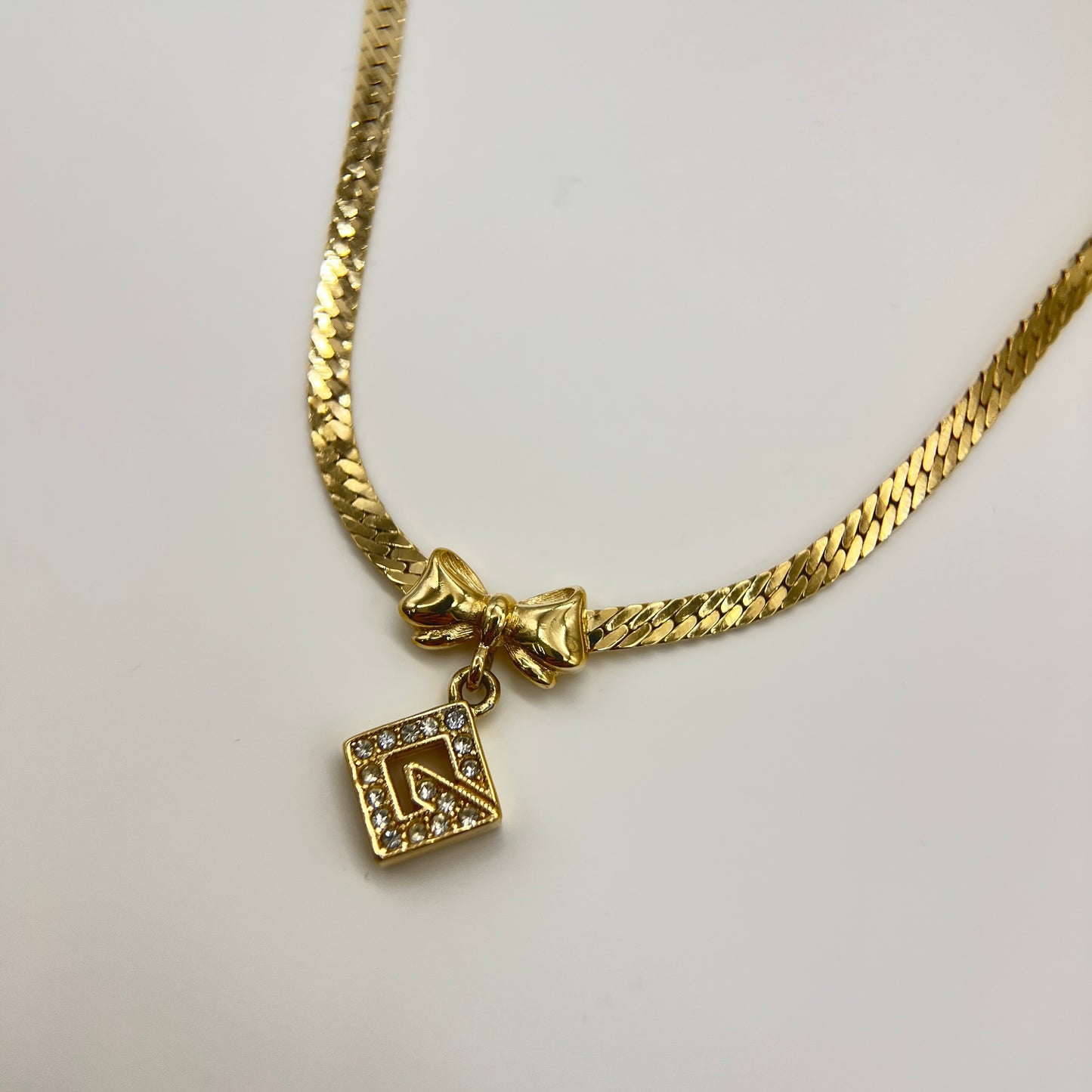 Givenchy Vintage G Logo Rhinestone Pendant With Ribbon Golden Necklace