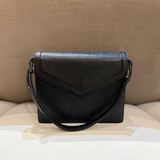 Yves Saint Laurent Vintage Embossed Logo Black Leather Shoulder Bag