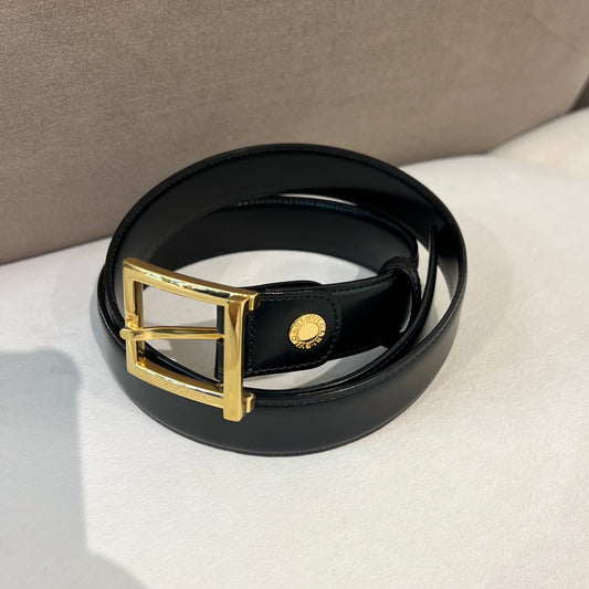Bvlgari Vintage Golden Think Square Buckle With 30Mm Black Leather Belt