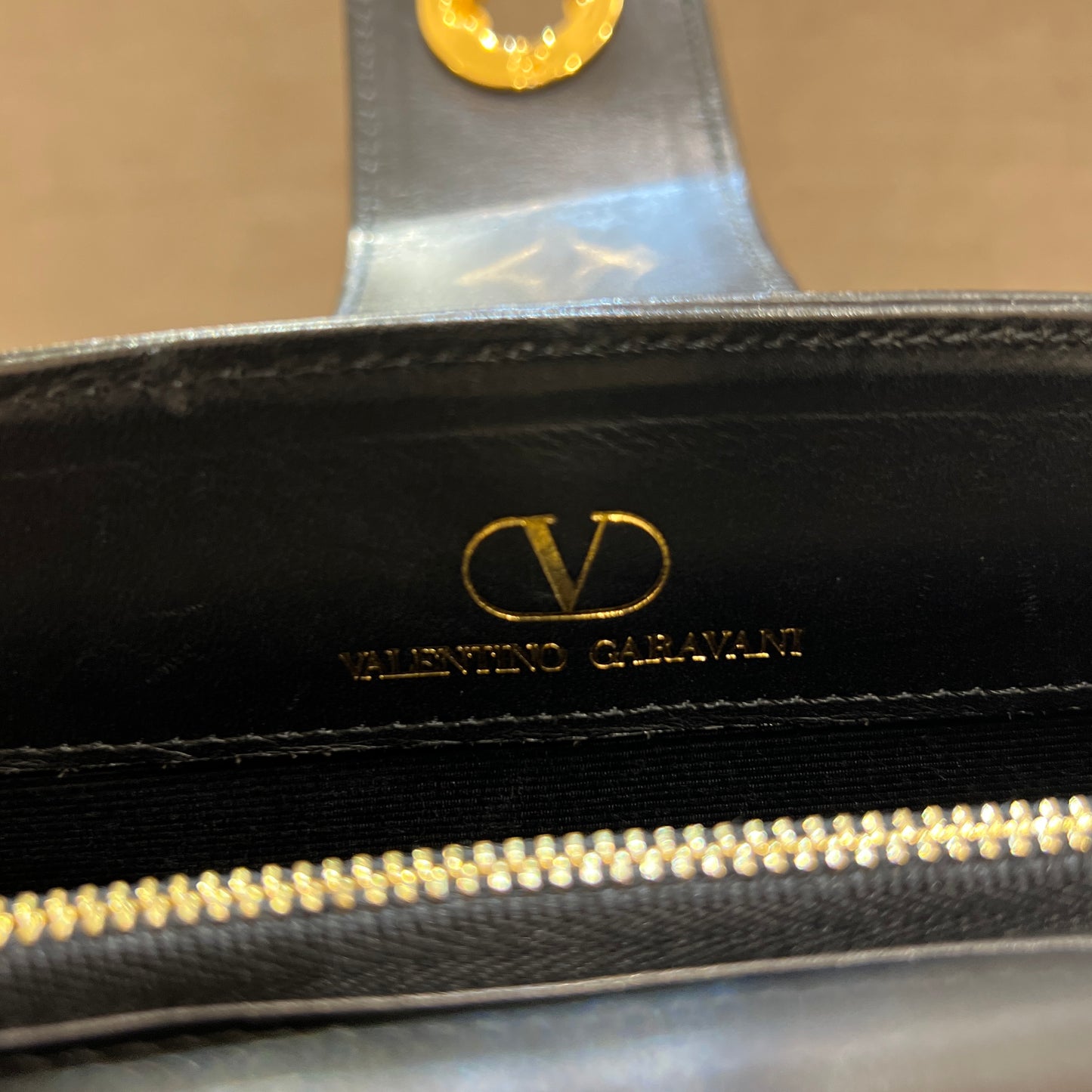 Valentino Vintage Golden Turn Lock Black Leather Shoulder Bag