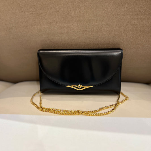 Cartier Vintage Sapphire Black Leather With Golden Chain Shoulder Bag