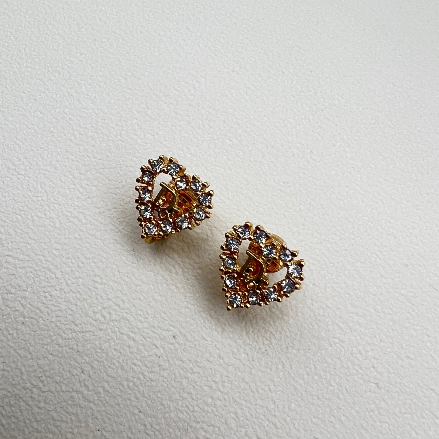 Christian Dior Vintage Dior Logo In Heart Shape with Rhinestone Golden Clip-on Earrings