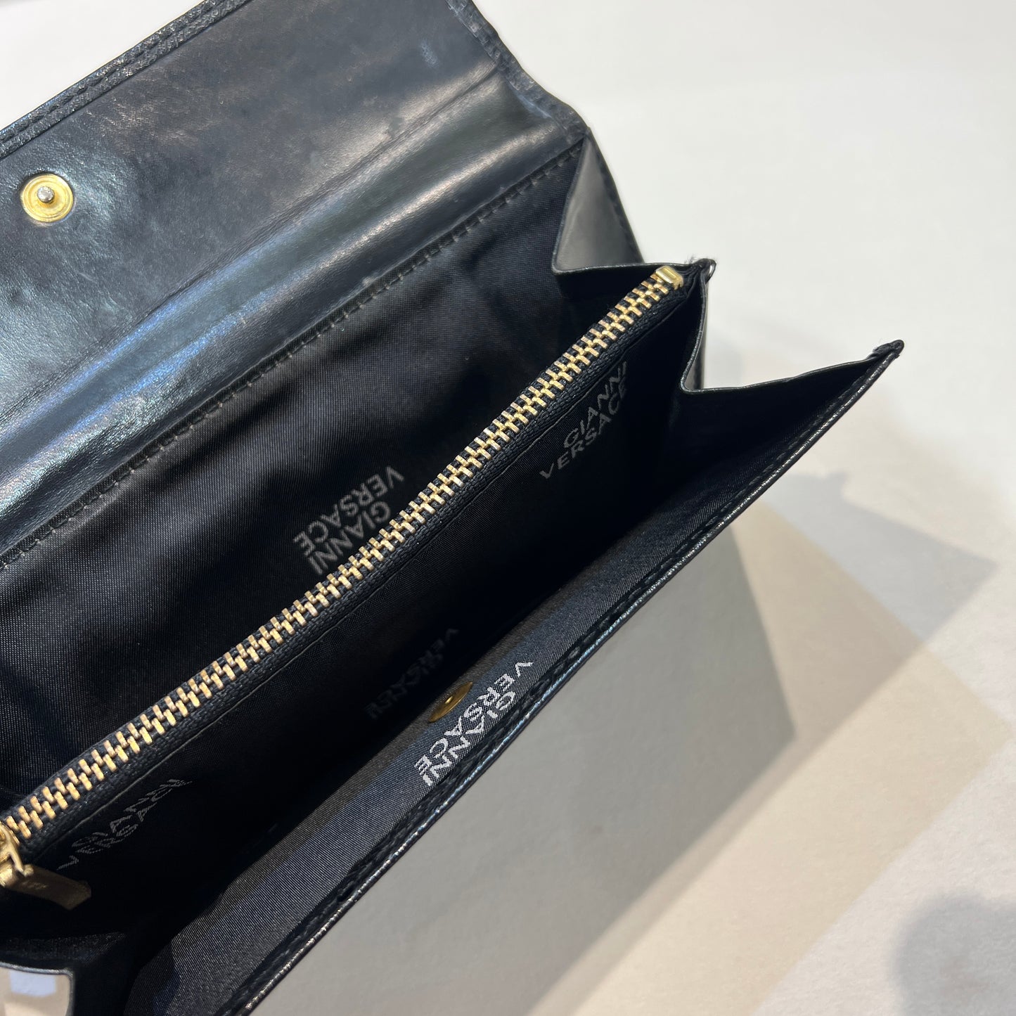 Versace Vintage Black Ostrich Leather Long Wallet