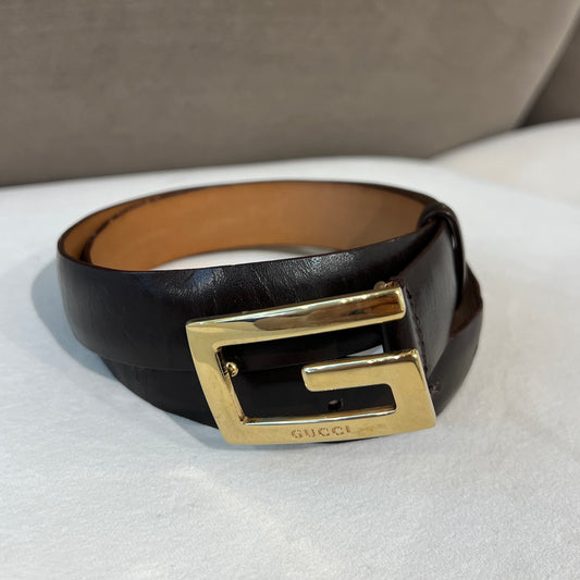 Gucci Vintage Golden G Logo Buckle With 25Mm Brown Leather Belt