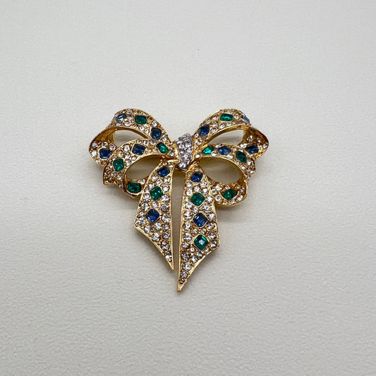 Nina Ricci Vintage Ribbon Motif with Multi Color Stone Golden Brooch