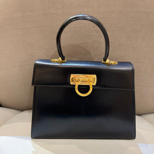 Ferragamo Vintage Golden Gancini Buckle 2 Way Usage Black Leather Top Handle Handbag