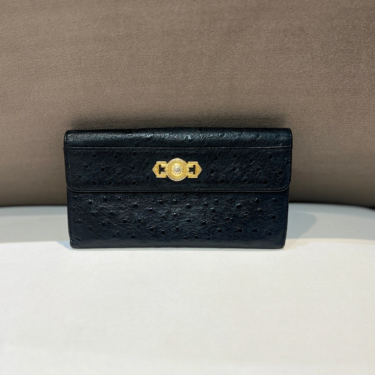 Versace Vintage Black Ostrich Leather Long Wallet