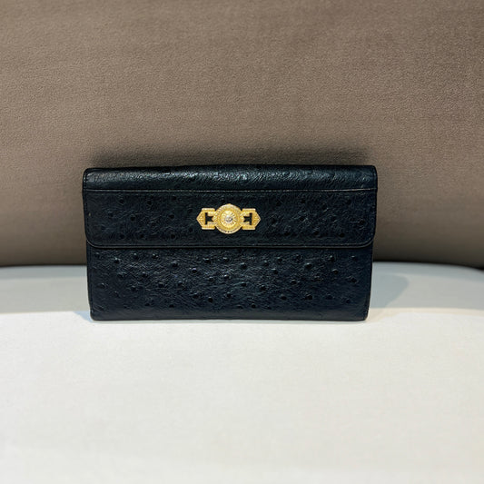 Versace Vintage Black Ostrich Leather Long Wallet