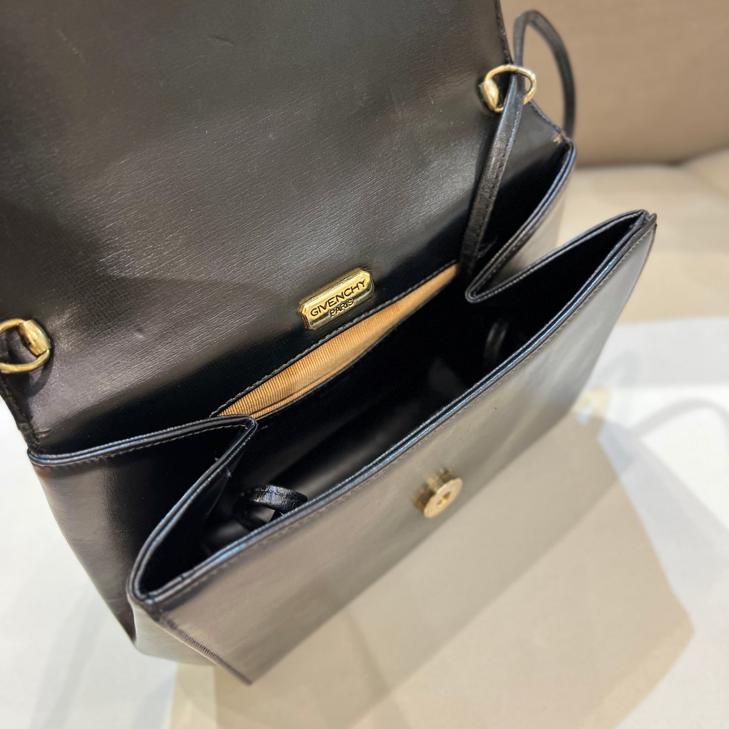 Givenchy Vintage Golden 4G Logo With Long Leather Strap In Black Leather Shoulder Bag