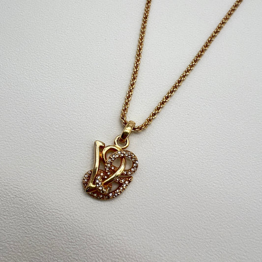 Valentino Vintage Vg Logo With Rhinestone Pendant Golden Necklace