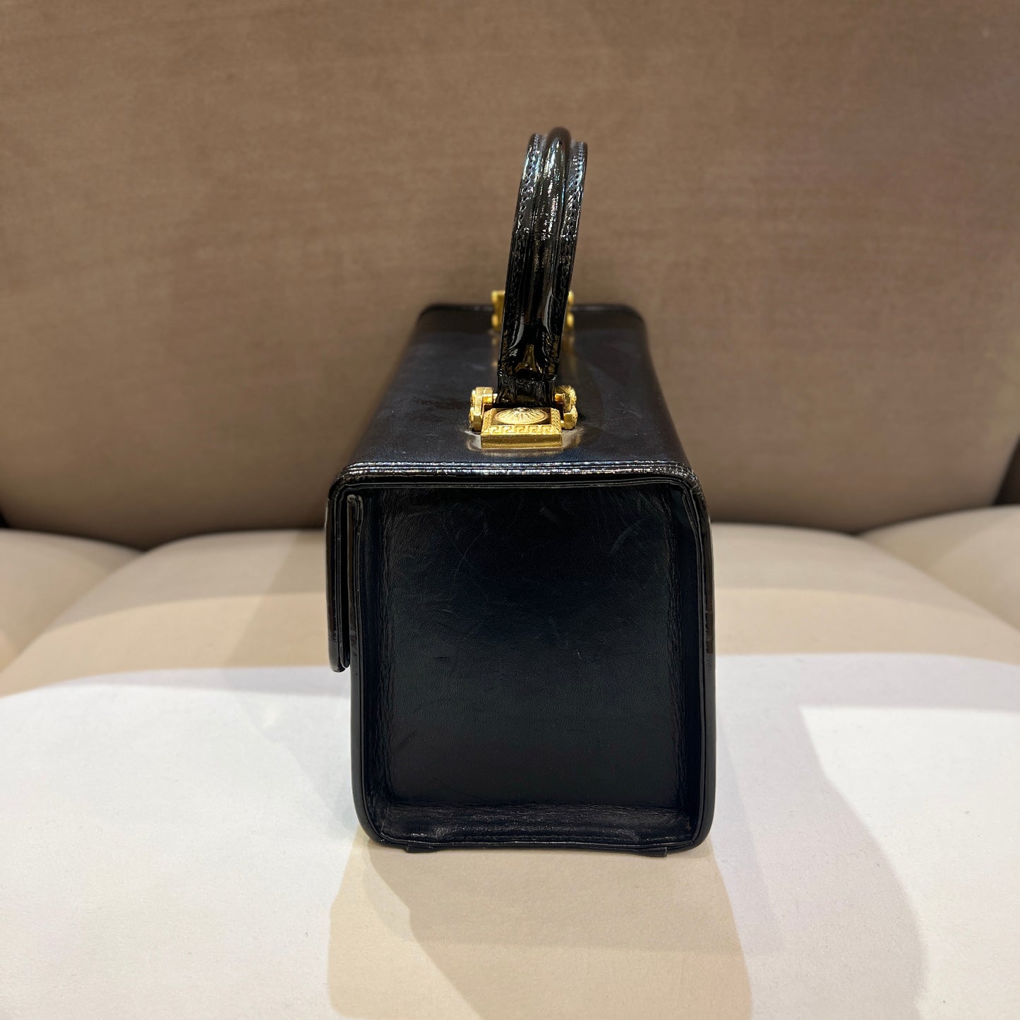 Versace Vintage Golden Meduse Buckle With Black Leather Top Handle Vanity Box Handbag