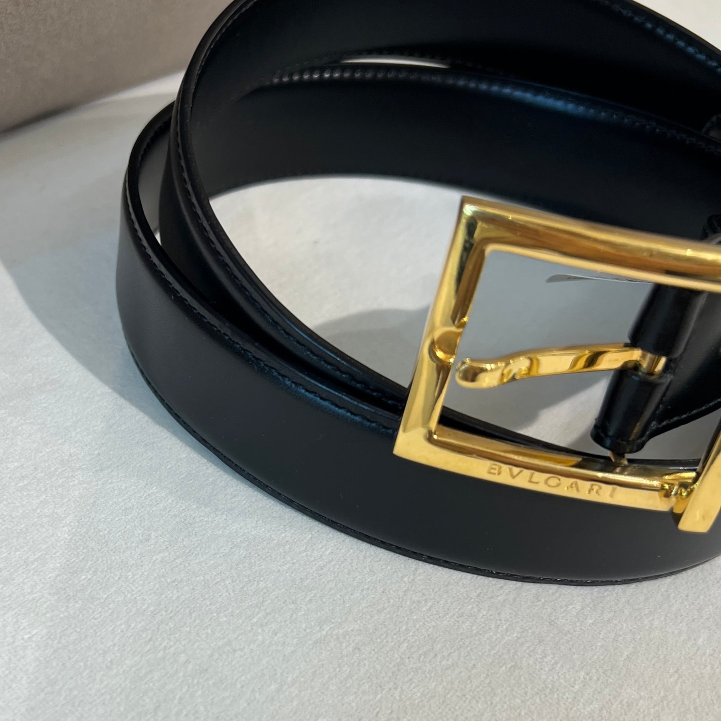 Bvlgari Vintage Golden Think Square Buckle With 30Mm Black Leather Belt