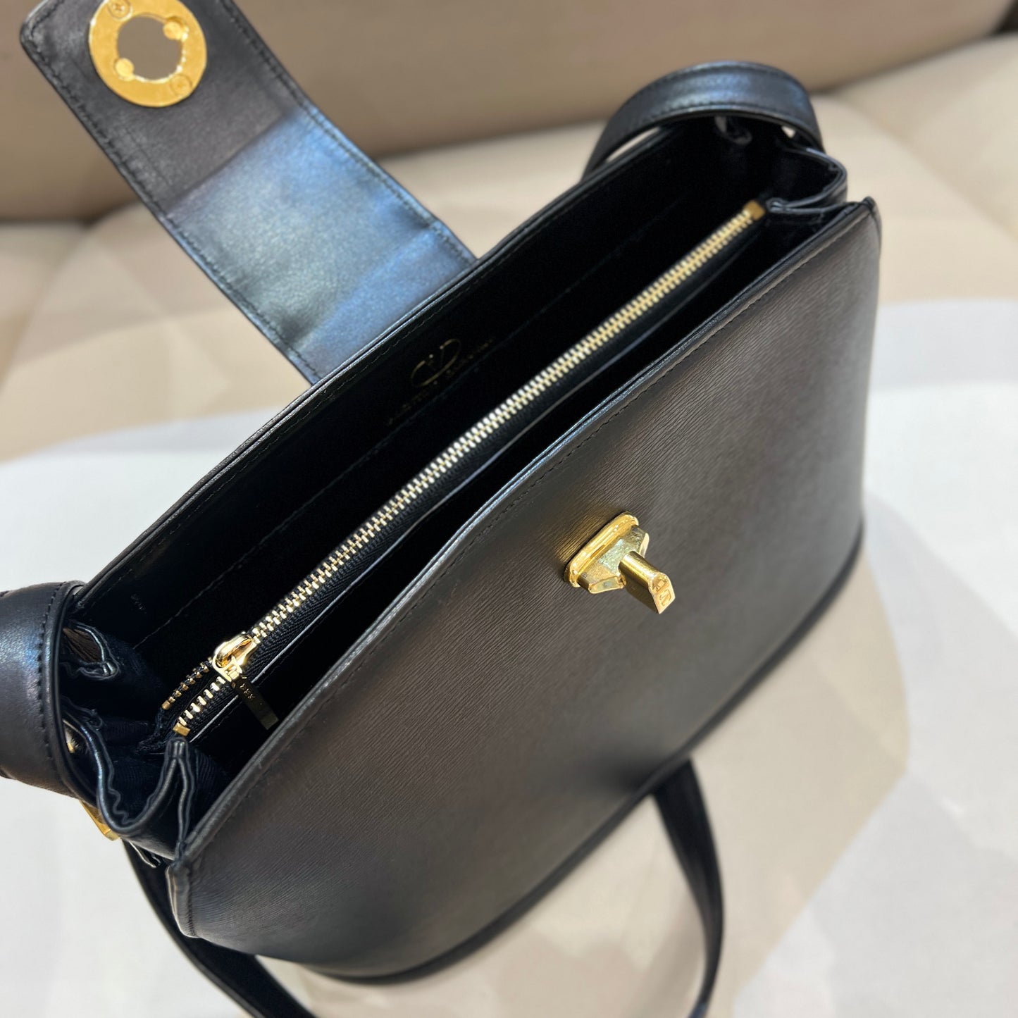 Valentino Vintage Golden Turn Lock Black Leather Shoulder Bag