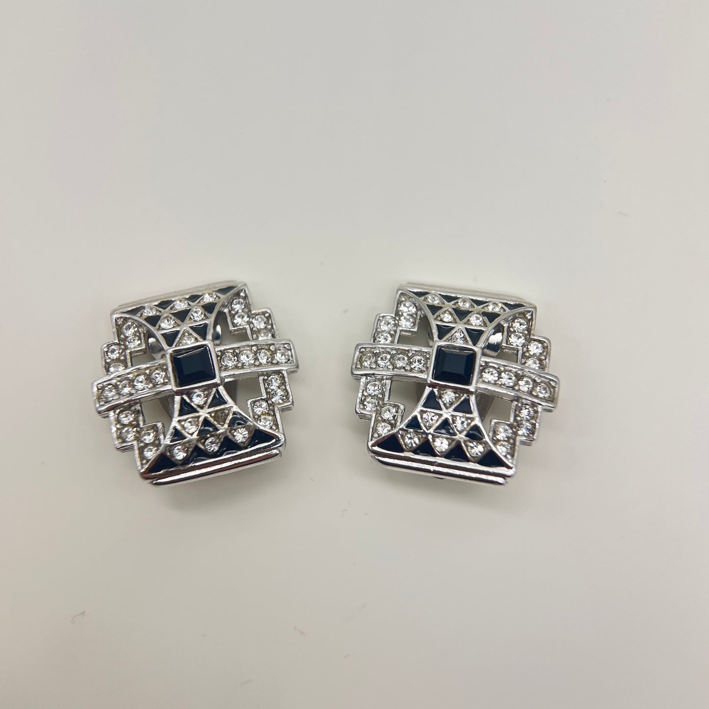 Givenchy Vintage Stylish Black And Rhinestone Silver Clip-On Earrings