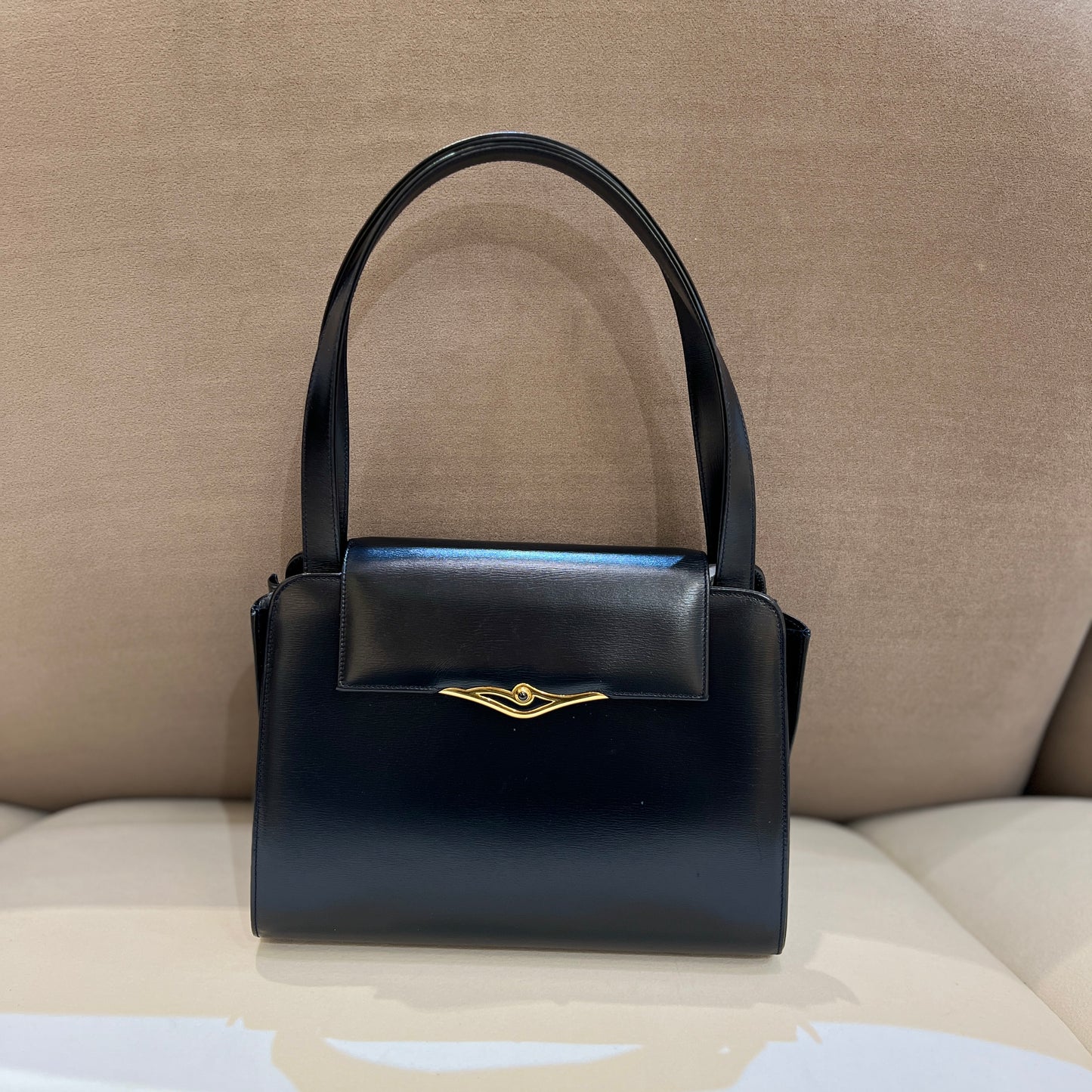 Cartier Vintage Sapphire Black Leather Top Handle Handbag