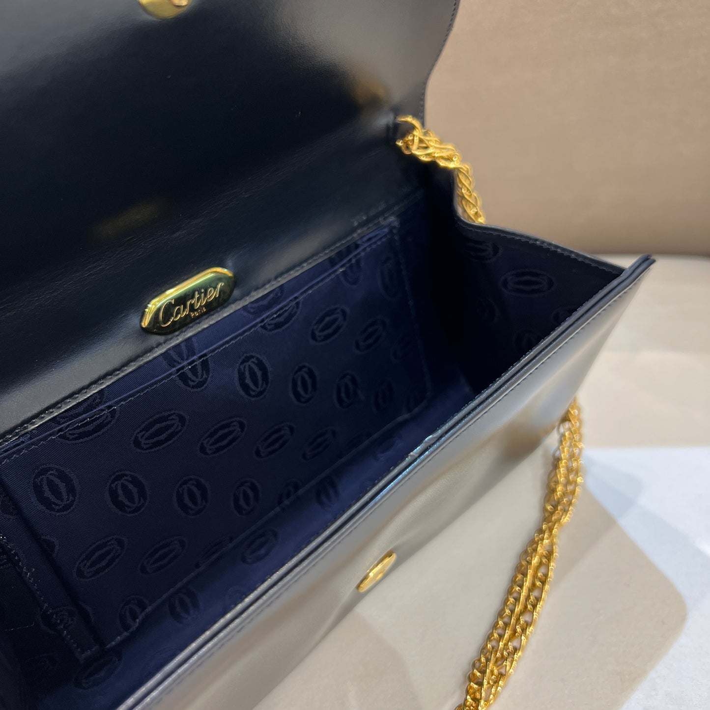 Cartier Vintage Sapphire Black Leather With Golden Chain Shoulder Bag