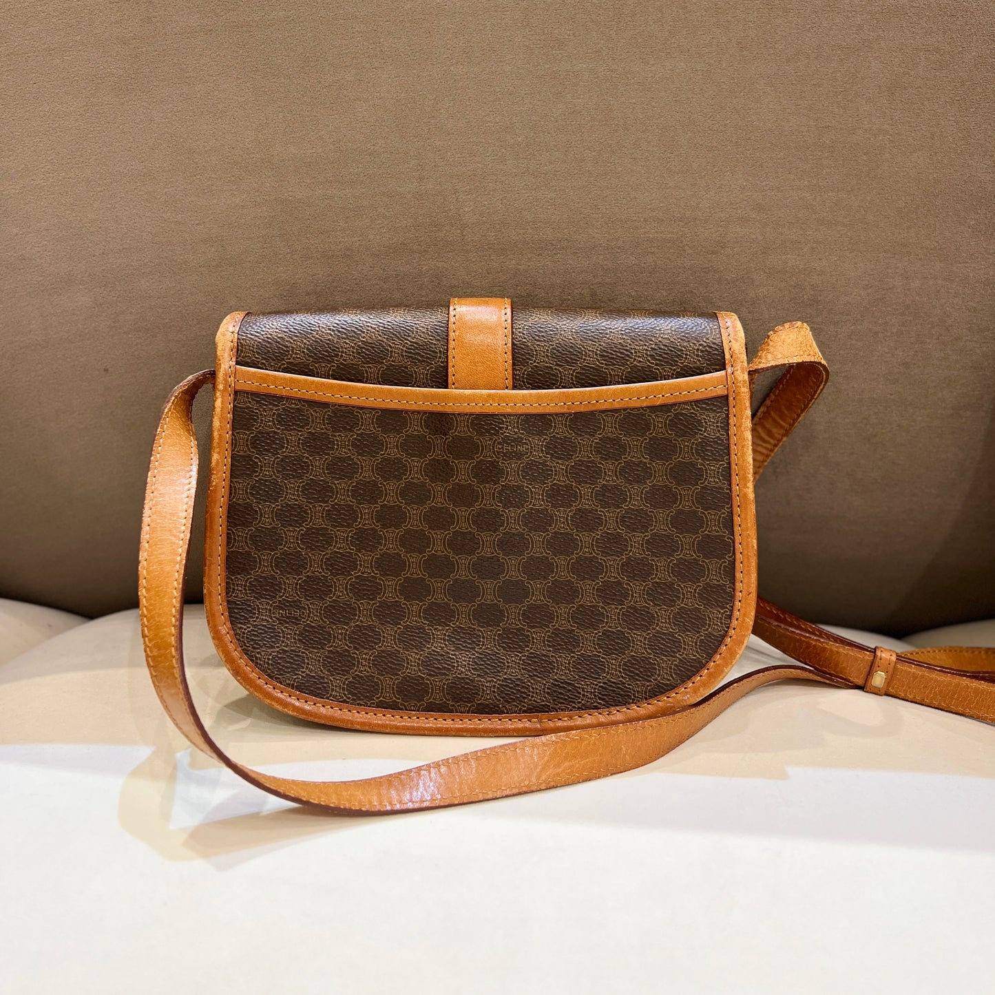 Celine Vintage Brown Macadam Pattern Canvas Folco Shoulder Bag