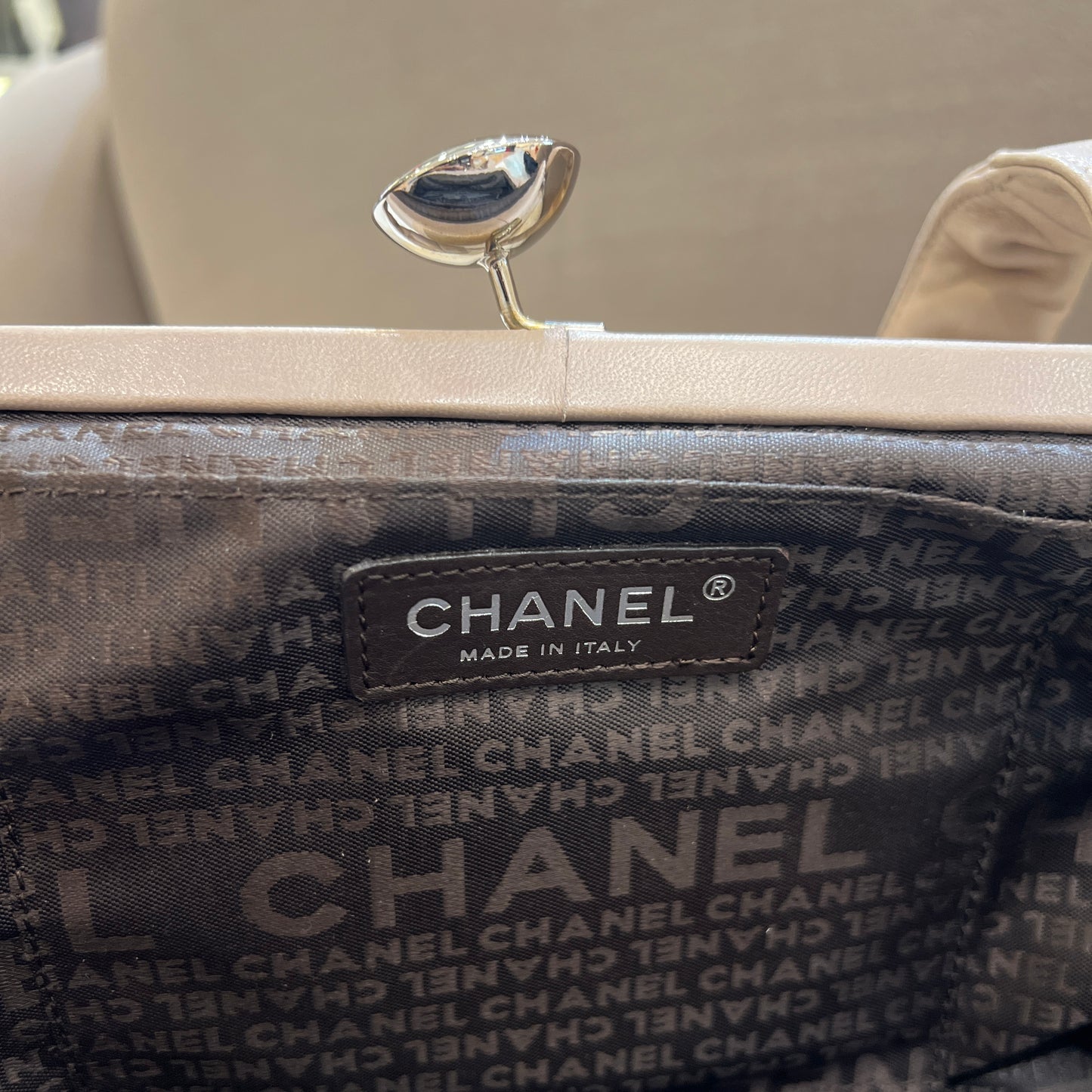 Chanel Vintage Beige Color Embossed CC Logo Shoulder Bag With Silver Clasp, Lock