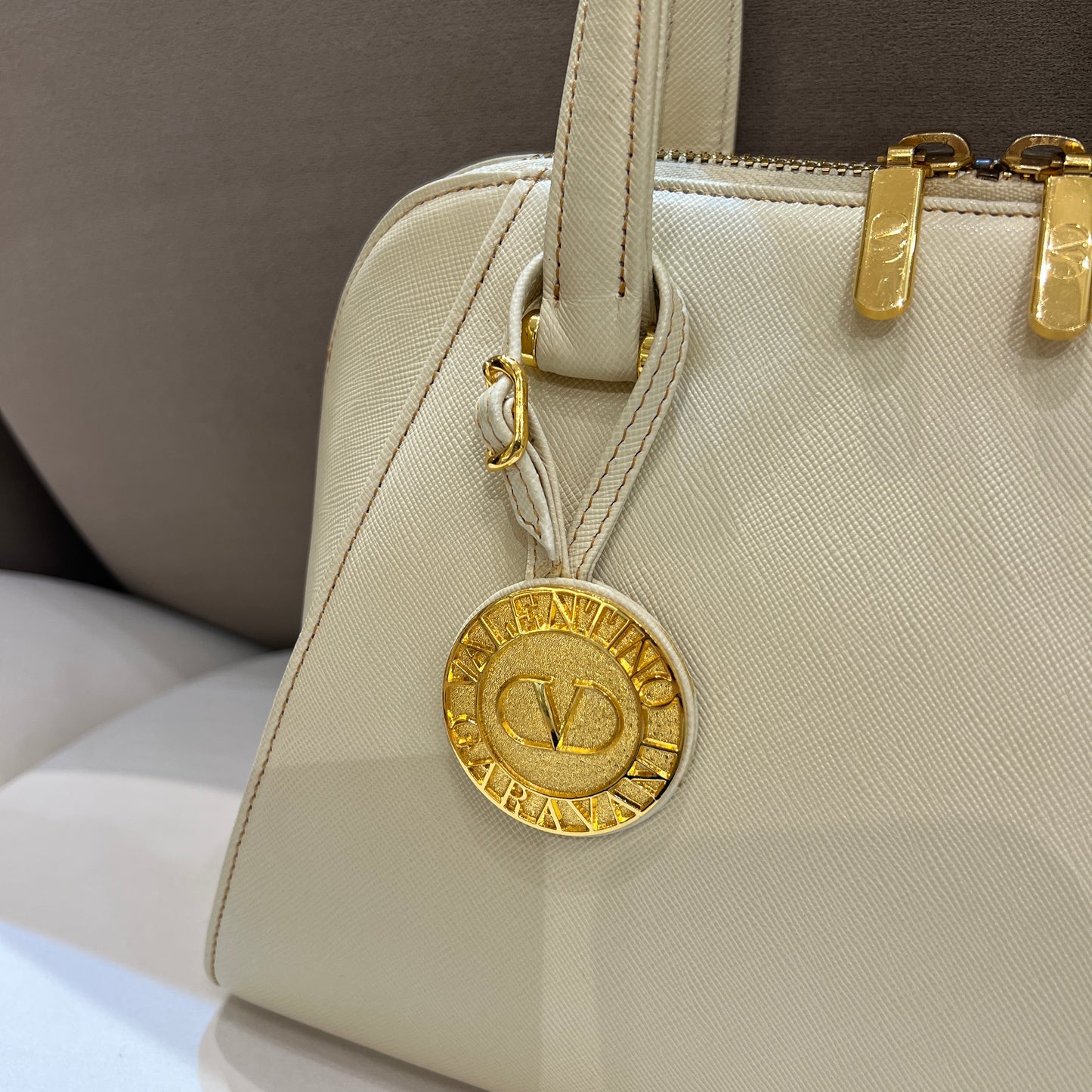 Valentino Vintage Golden Buckle Charm With White Embossed Leather 2-Way Top Handle Handbag