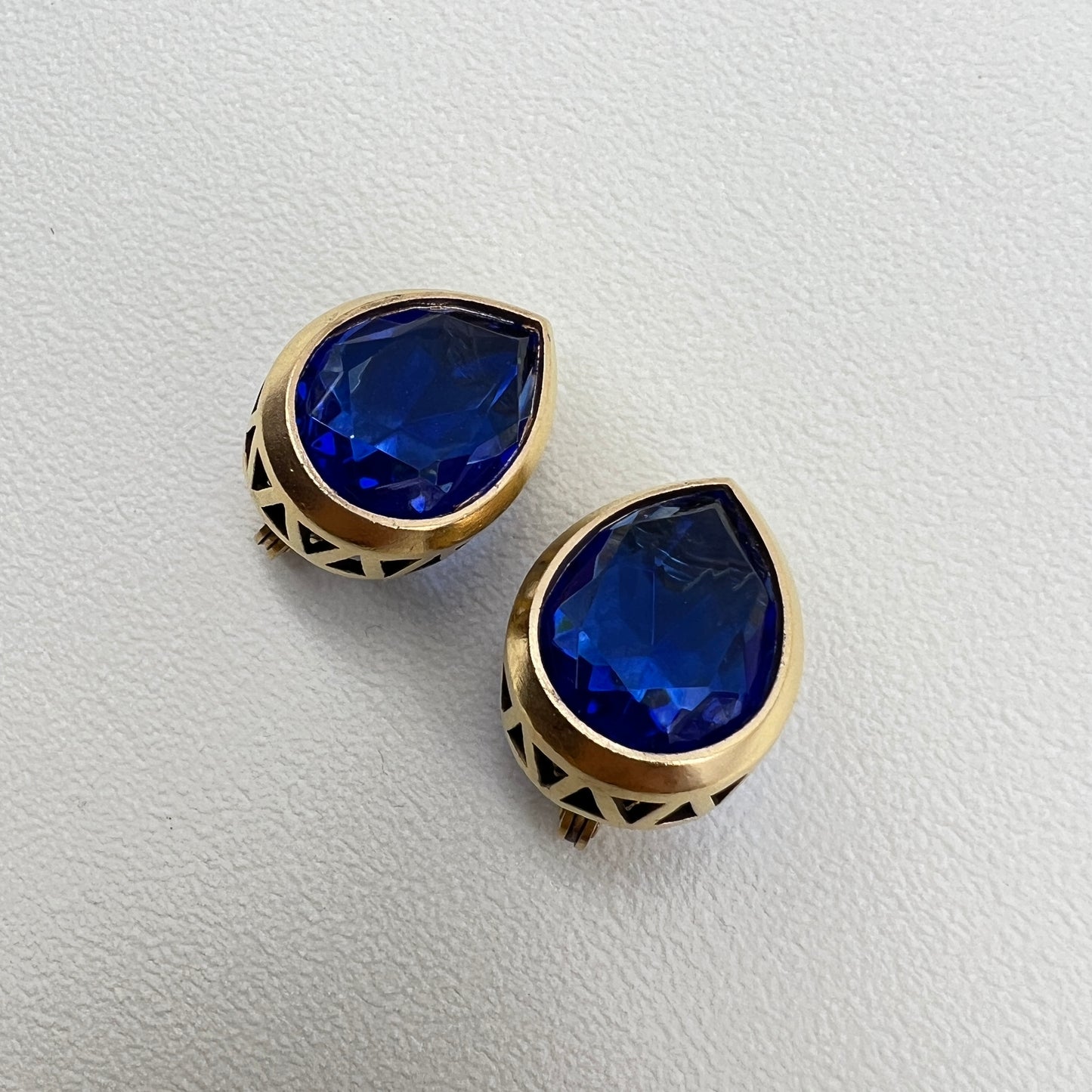 Yves Saint Laurent Vintage Drop Shape Blue Color Stone Golden Clip-on Earrings
