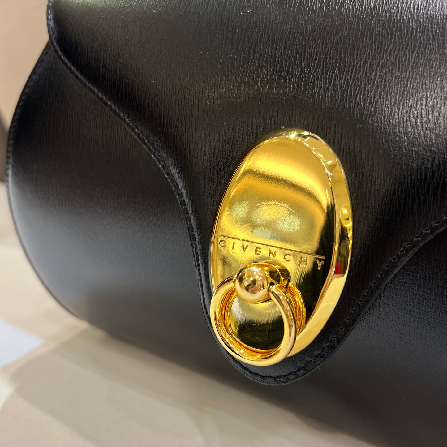 Givenchy Vintage Black Leather With Golden Oval Logo Top Handle Handbag