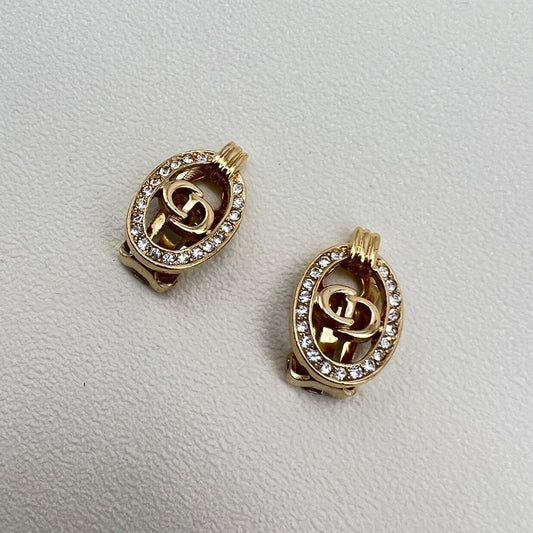 Christian Dior Vintage CD Logo In Oval Shape with Rhinestone Golden Clip-on Earrings