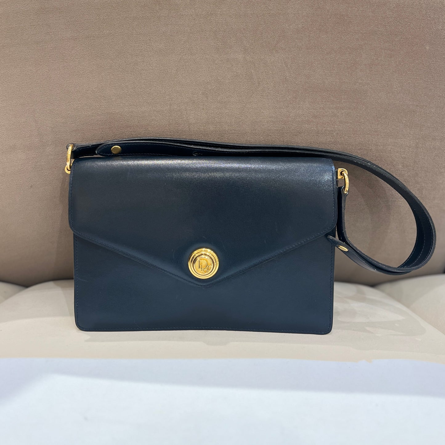 Christian Dior Vintage Golden Logo Buckle Navy Leather Shoulder Bag