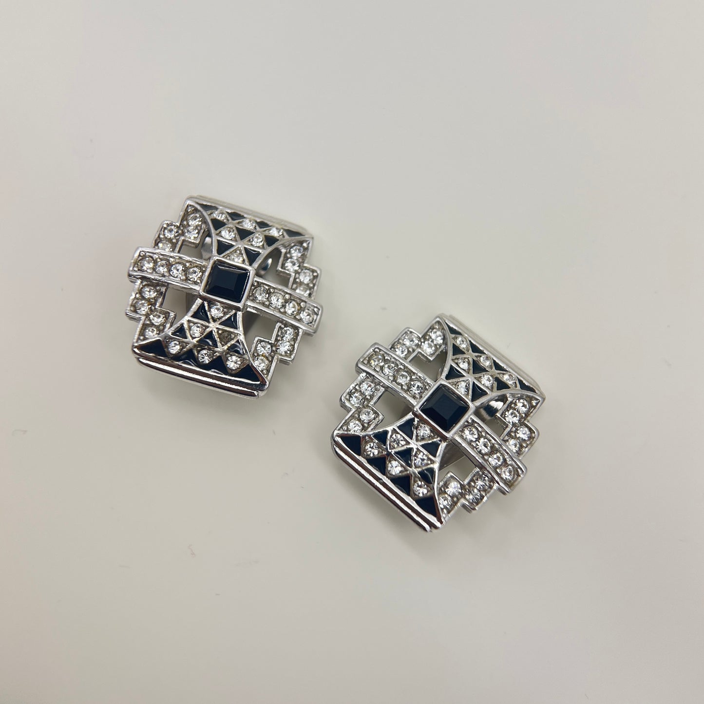 Givenchy Vintage Stylish Black And Rhinestone Silver Clip-On Earrings