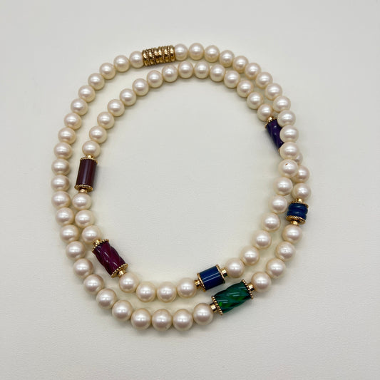 Givenchy Vintage Pearl and Multi Color Stone Necklace