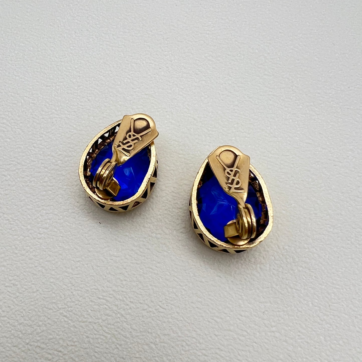 Yves Saint Laurent Vintage Drop Shape Blue Color Stone Golden Clip-on Earrings