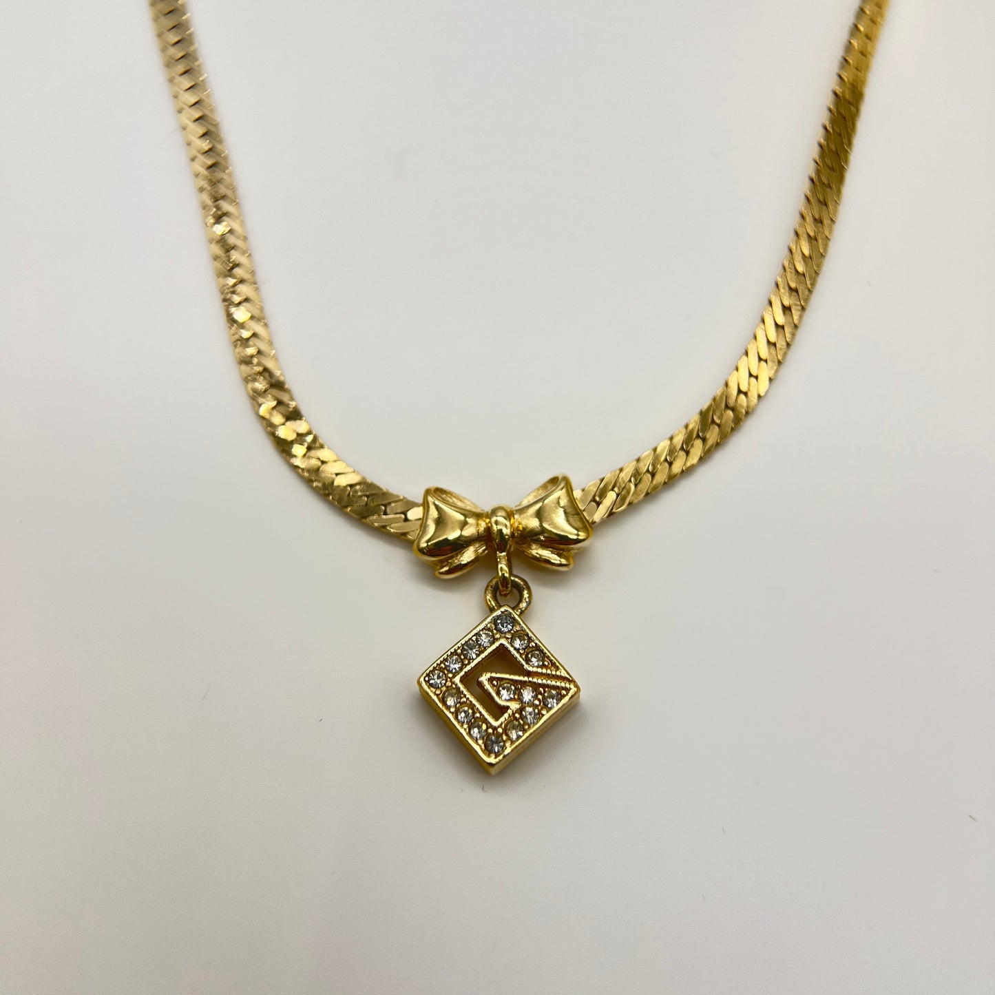 Givenchy Vintage G Logo Rhinestone Pendant With Ribbon Golden Necklace