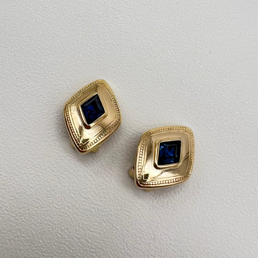 Burberry Vintage Rhombus Blue Stone Golden Clip-on Earrings