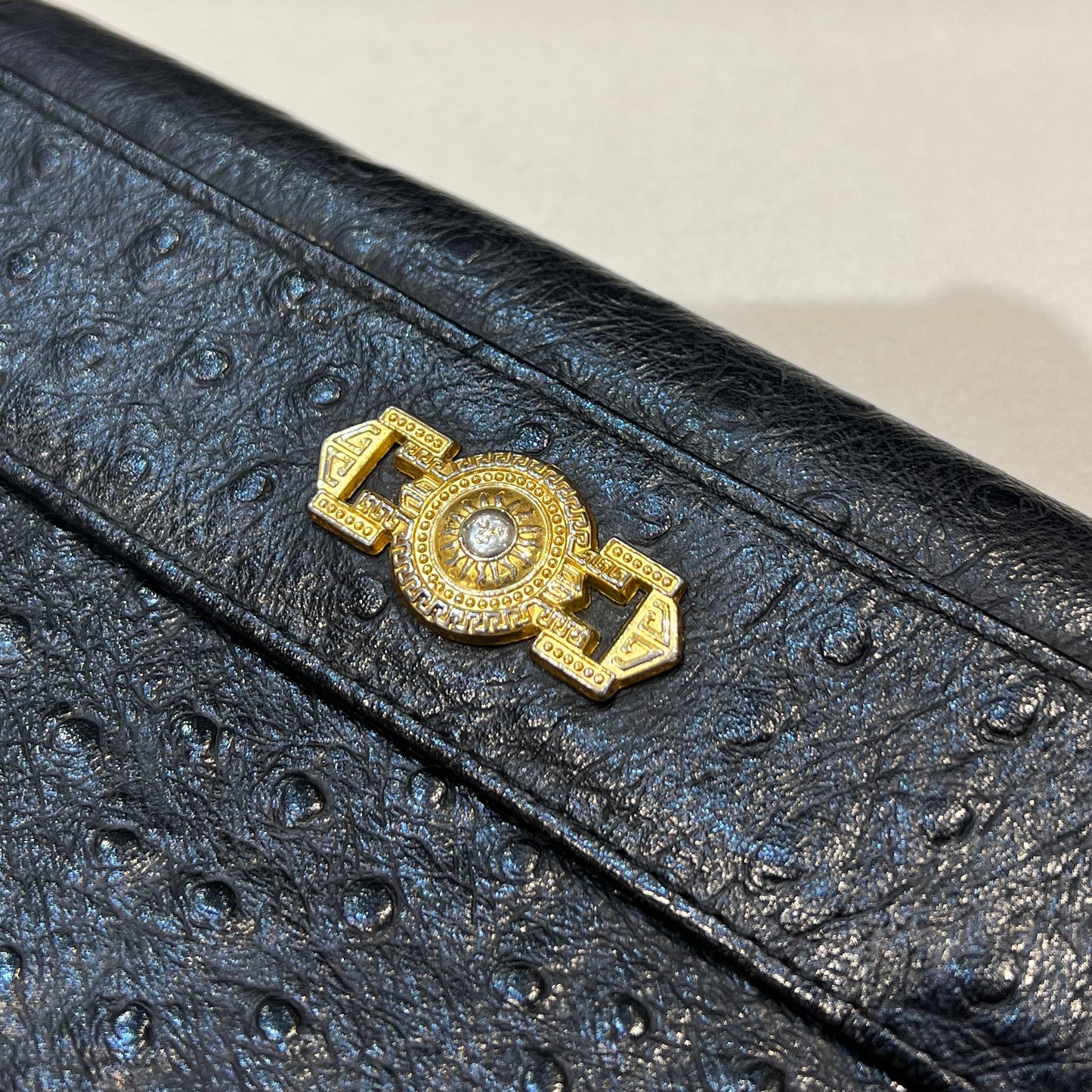 Versace Vintage Black Ostrich Leather Long Wallet