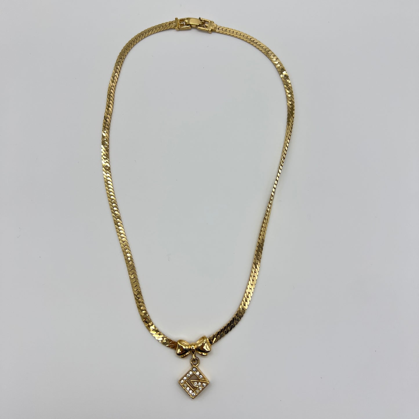 Givenchy Vintage G Logo Rhinestone Pendant With Ribbon Golden Necklace